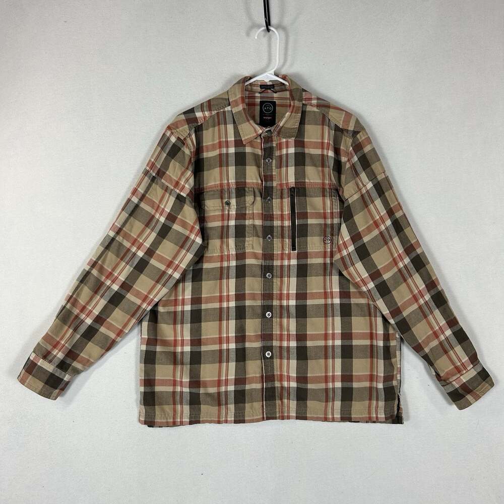 Wrangler ATG Long Sleeve Button Up Shirt Mens Large Brown Plaid Elbow Patches